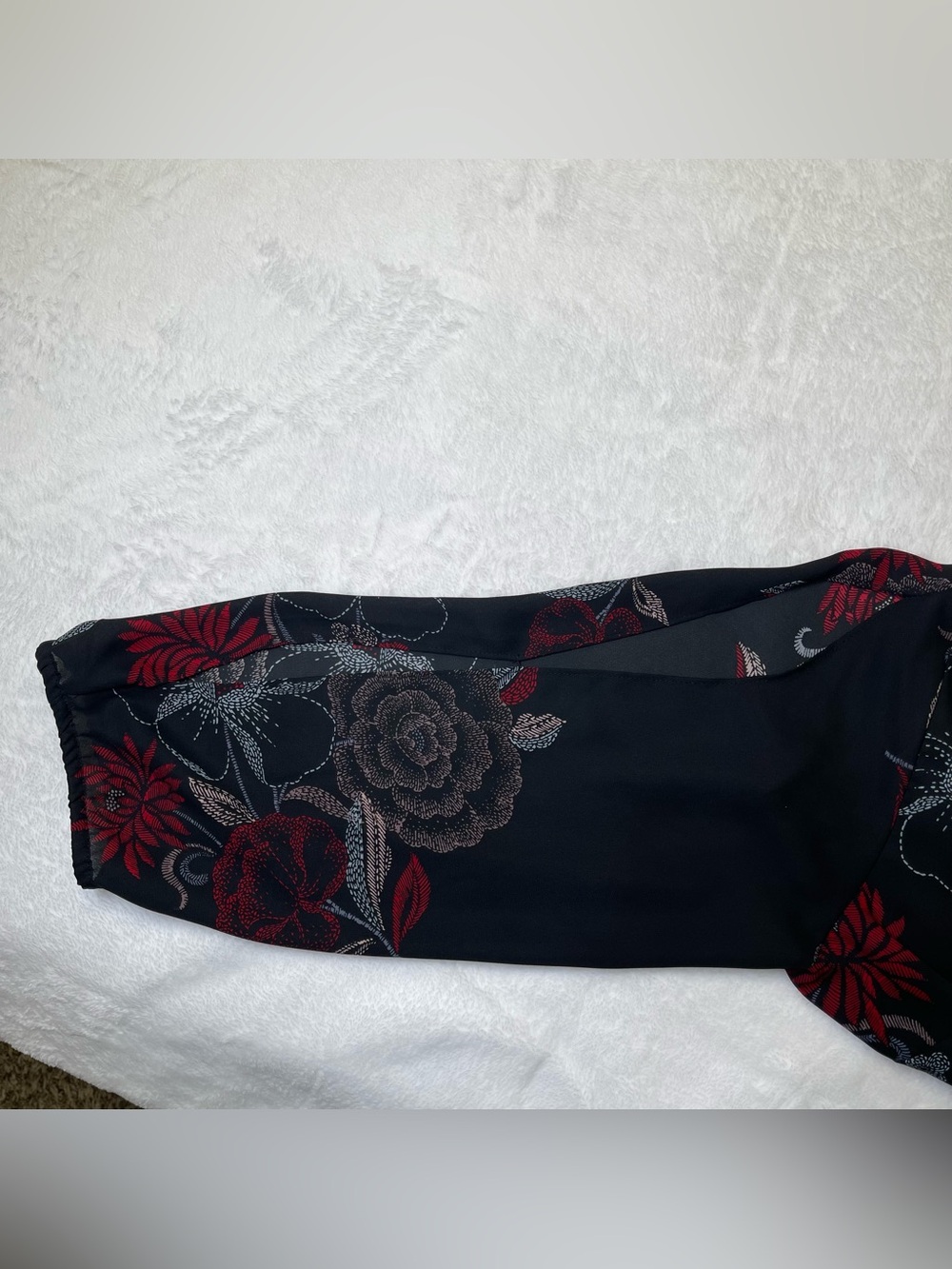 Maurices Black Floral Long Split Sleeve Shift Dress with Red Pink Blue Accents - Picture 7 of 11
